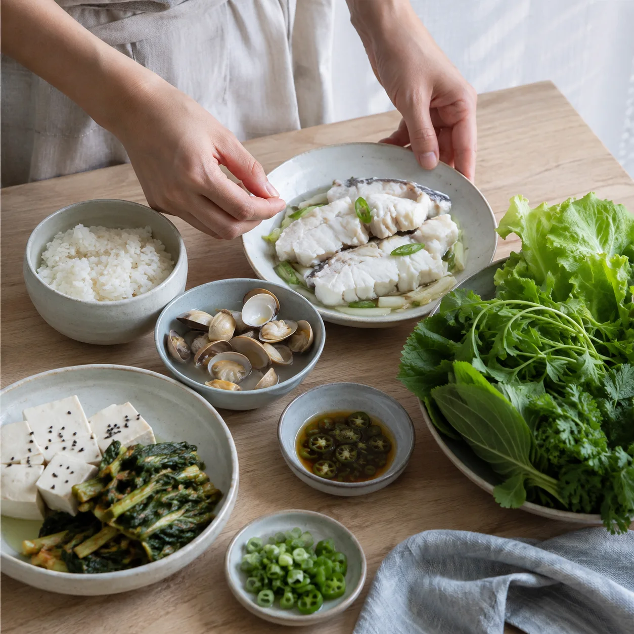 생선과 백미, 푸른 잎채소를 준비하며 식사 반응을 기록하는 모습