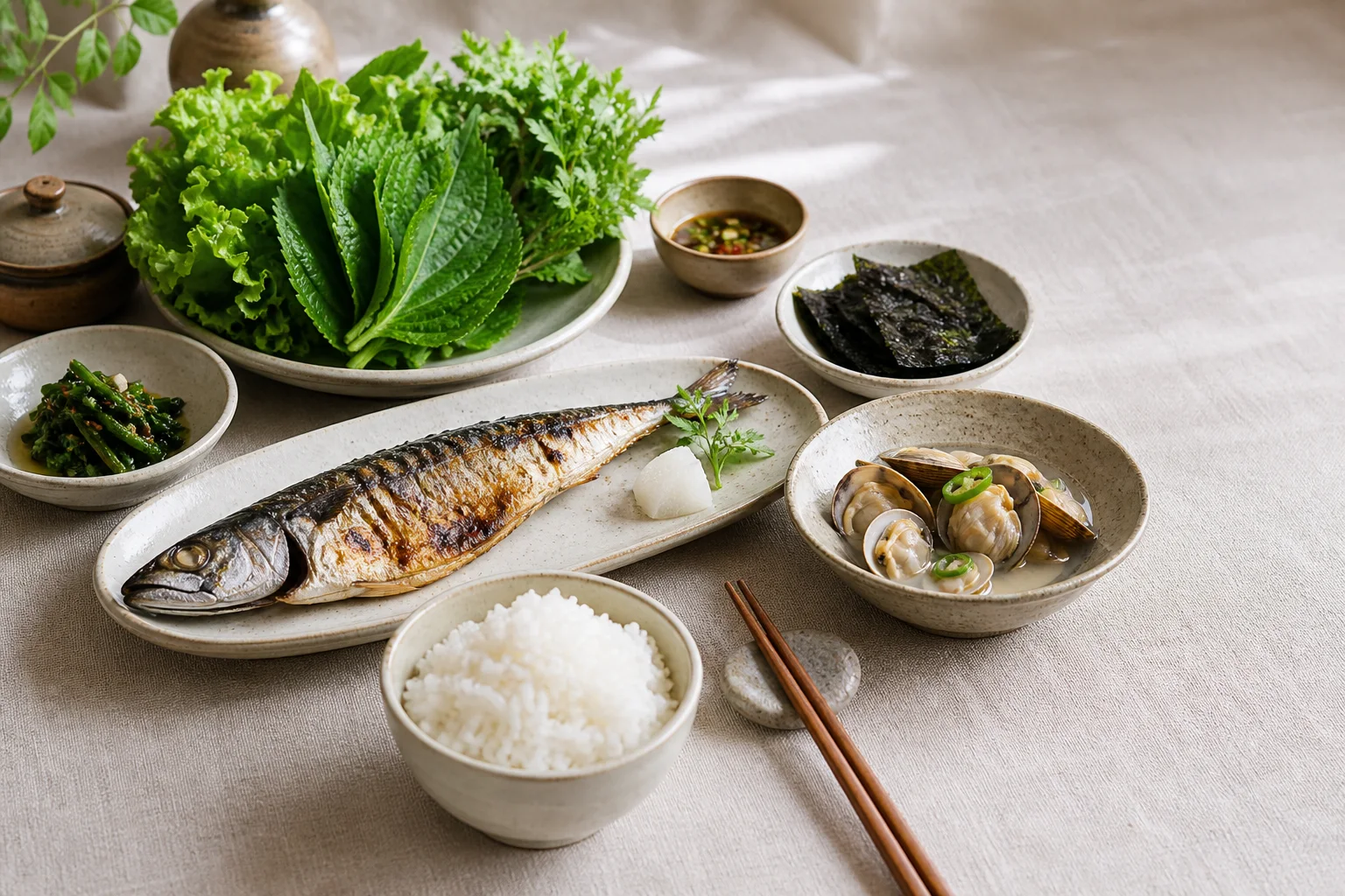 흰쌀밥과 바다 생선, 조개류, 김, 푸른 잎채소가 놓인 금양체질 식탁