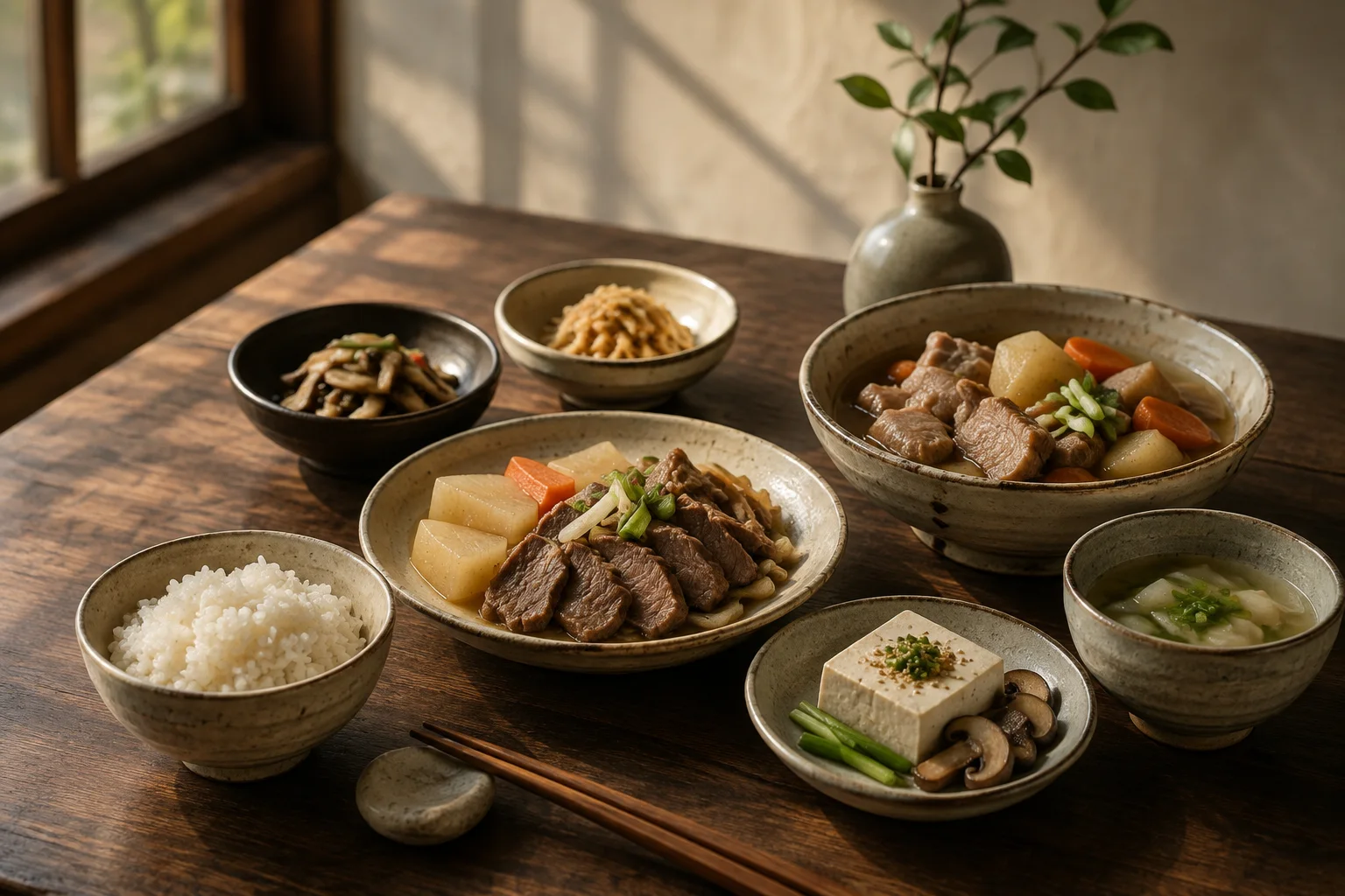백미밥과 쇠고기, 감자, 뿌리채소 반찬이 놓인 목음체질 식탁