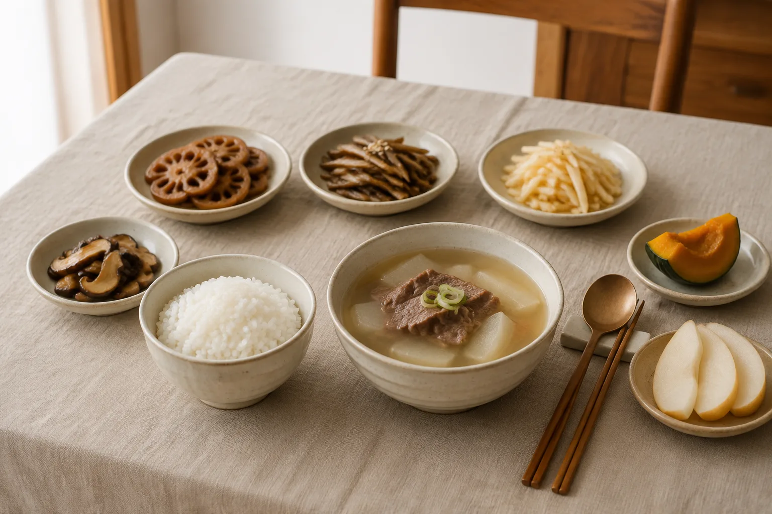 흰쌀밥과 쇠고기, 뿌리채소 반찬, 배가 놓인 목양체질 식탁