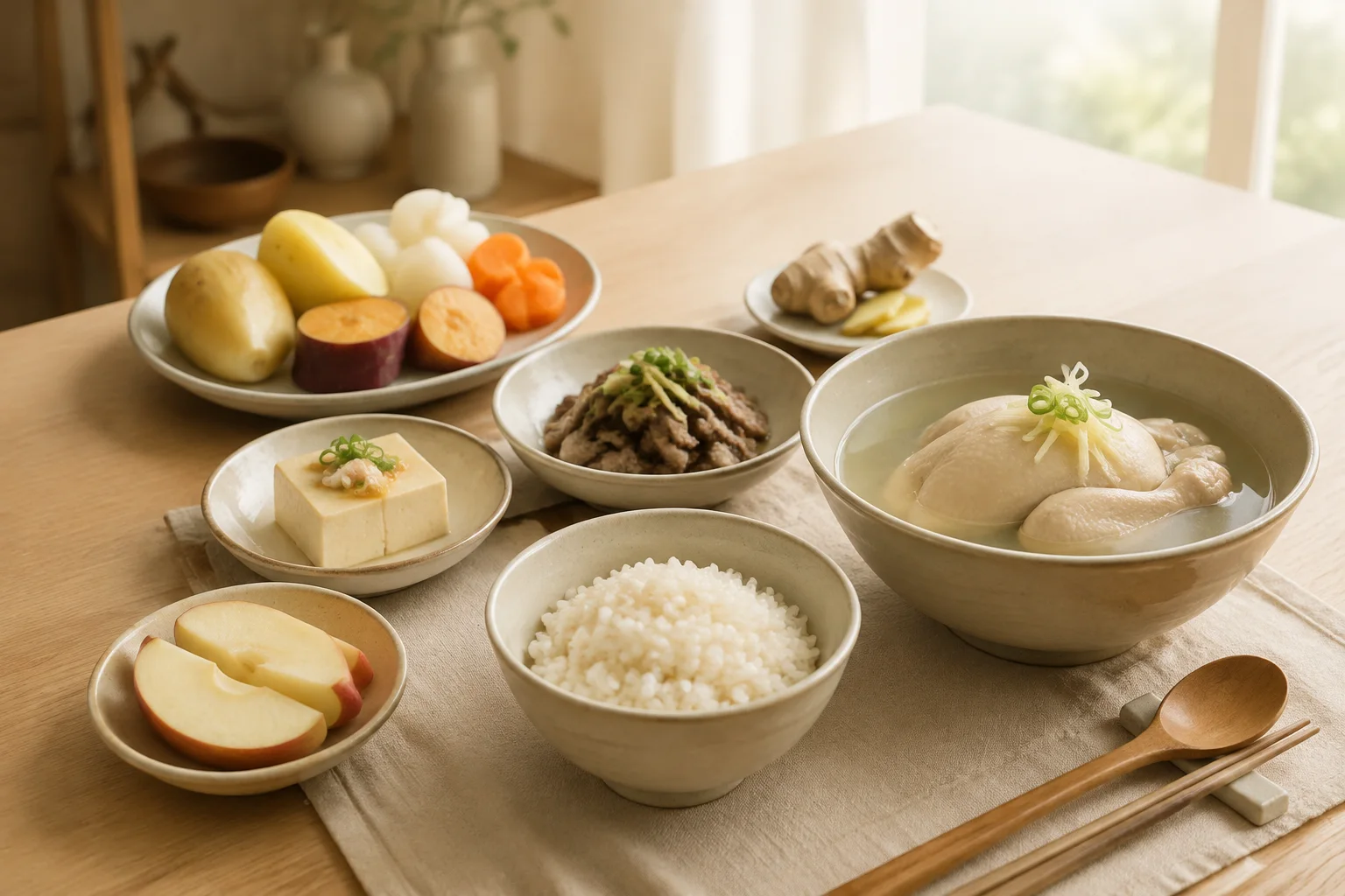 밥과 닭고기, 감자와 뿌리채소, 사과가 놓인 수음체질 식탁