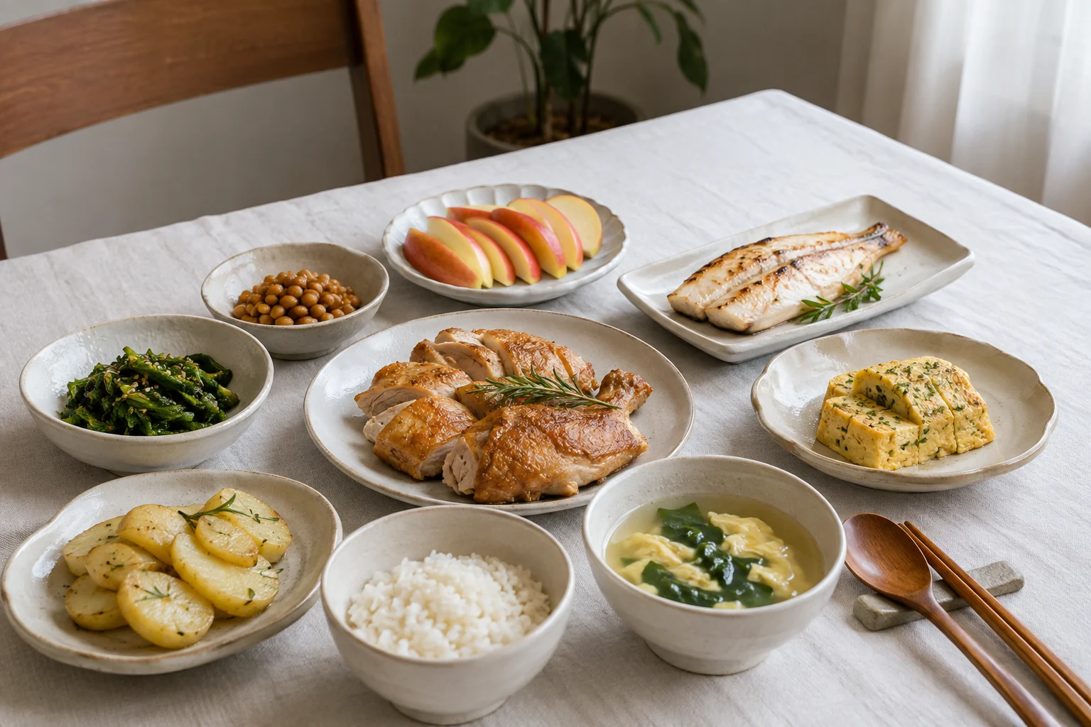 밥과 닭고기, 계란·흰살생선, 감자·콩·잎채소, 사과가 놓인 수양체질 식탁