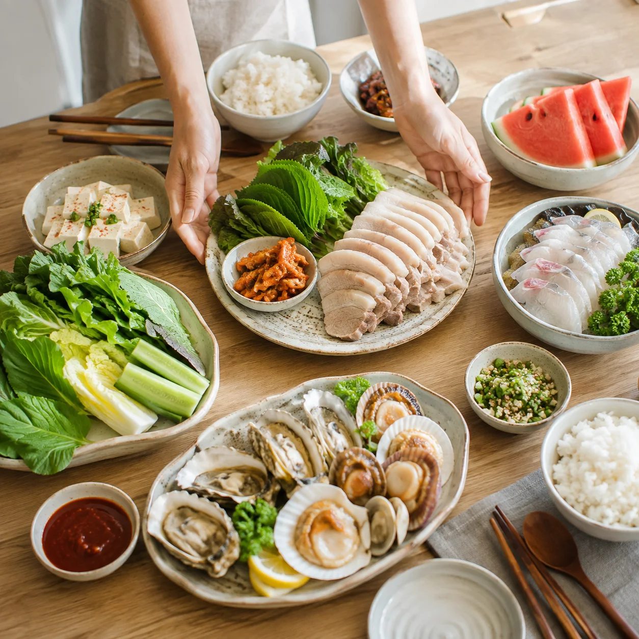 돼지고기와 해산물, 푸른 잎채소를 준비하며 식사 반응을 기록하는 모습
