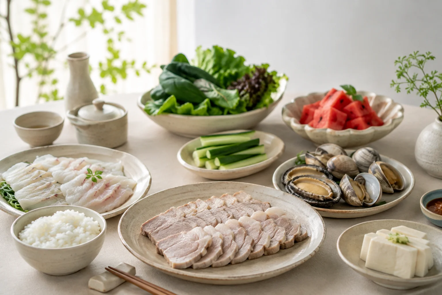 백미밥과 돼지고기, 바다생선, 푸른 잎채소가 놓인 토음체질 식탁
