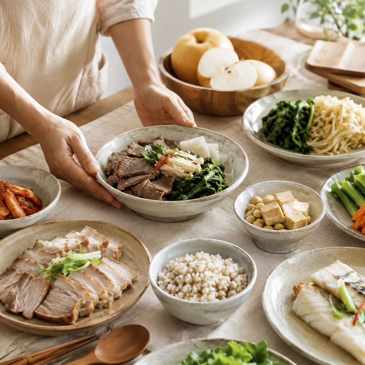 쇠고기와 돼지고기, 흰살생선, 콩·채소와 배를 준비하는 모습