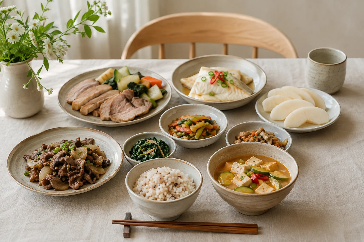 밥과 쇠고기·돼지고기, 흰살생선, 콩·채소, 배가 놓인 토양체질 식탁