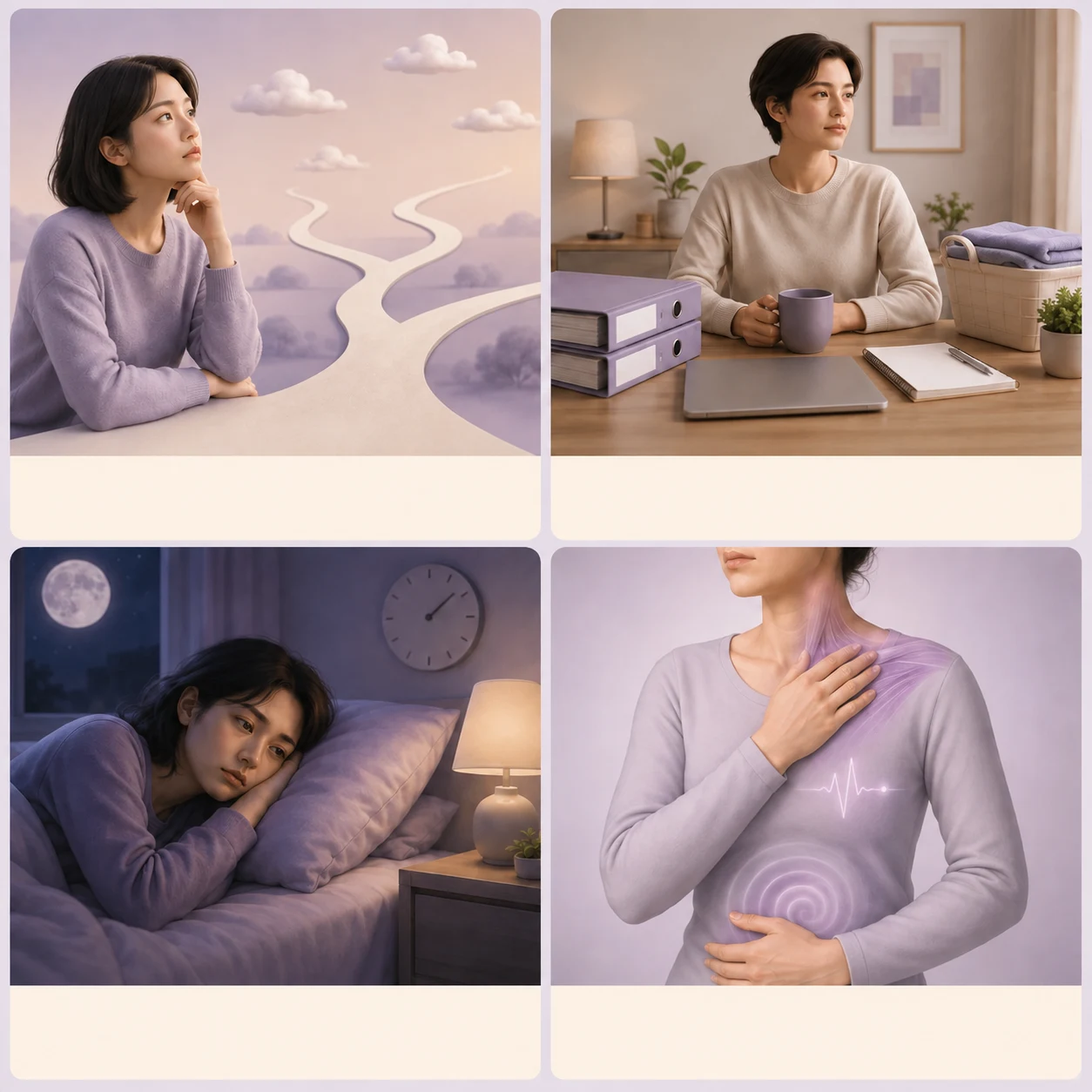 불확실성에 대한 반응, 누적된 일상 부담, 수면과 피로, 불안에 동반되는 신체 긴장을 보여주는 네 가지 장면