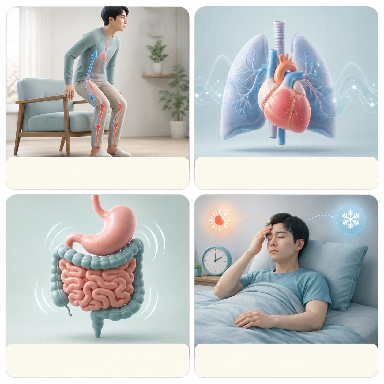 자세 변화와 순환, 심박과 호흡, 소화 움직임, 수면과 체온 반응을 보여주는 네 가지 장면