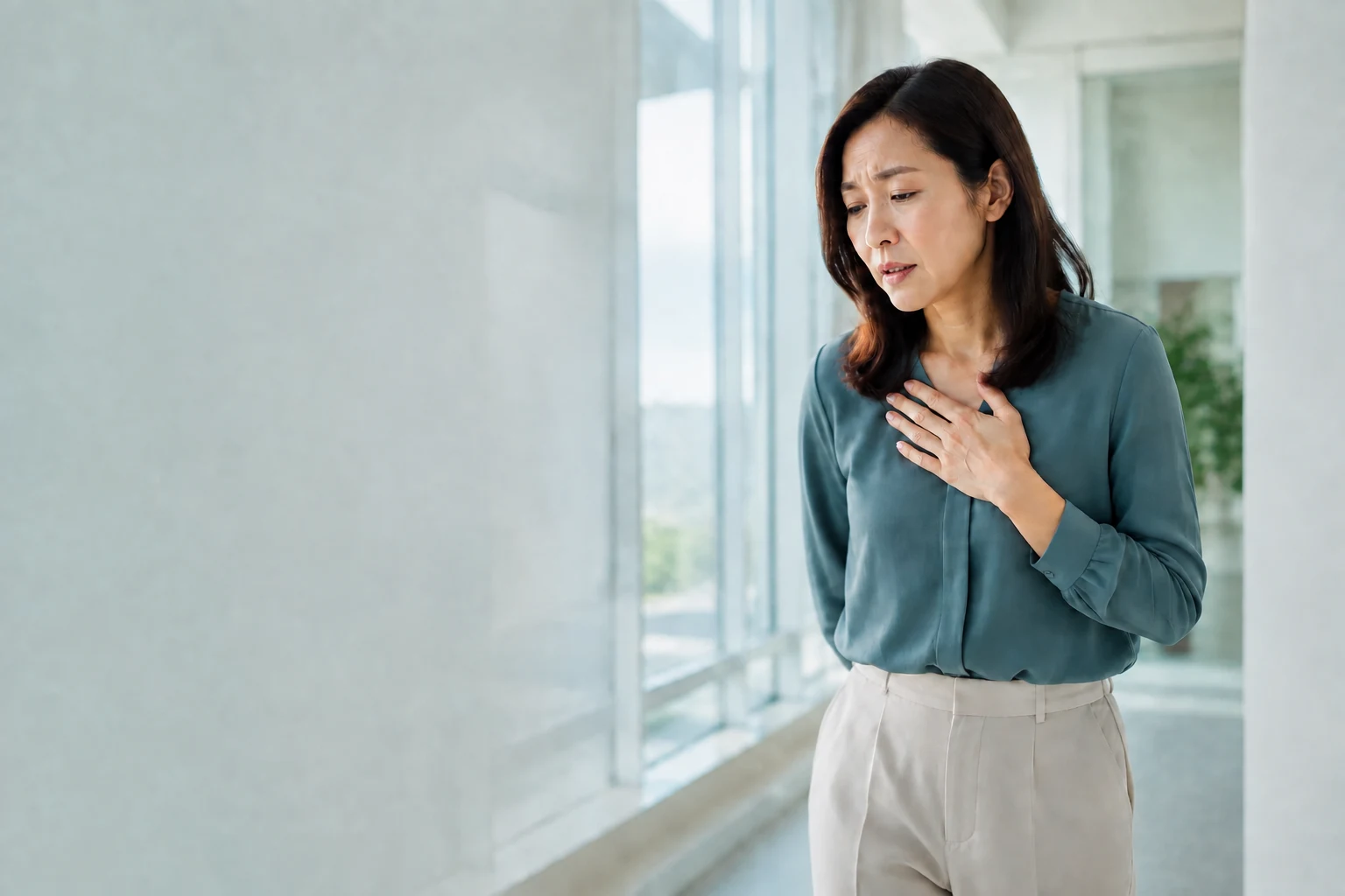 일어서던 중 어지럼과 두근거림을 느껴 벽을 짚고 잠시 멈춘 여성