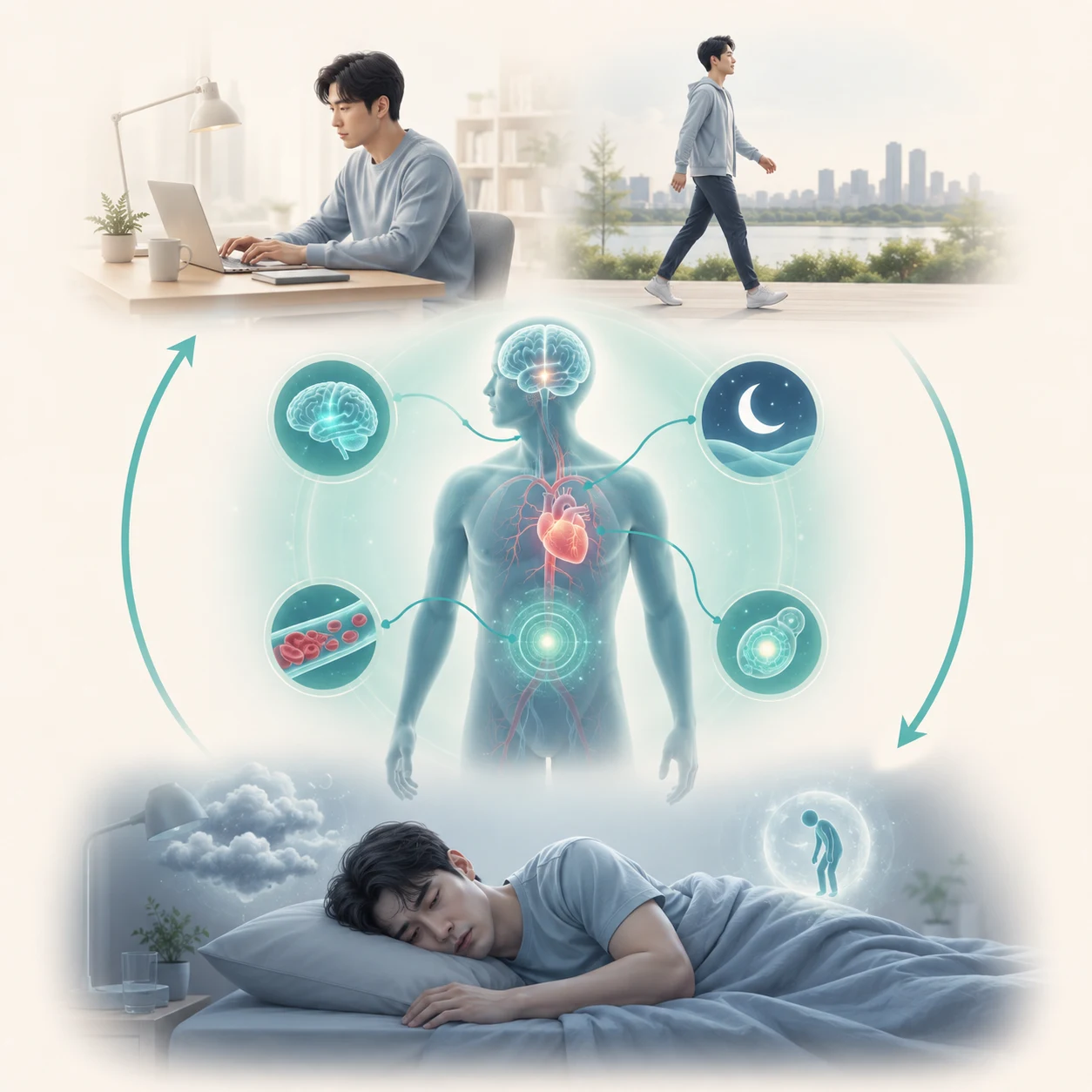 활동과 전신 회복 반응이 피로와 통증, 멍함으로 이어지는 흐름