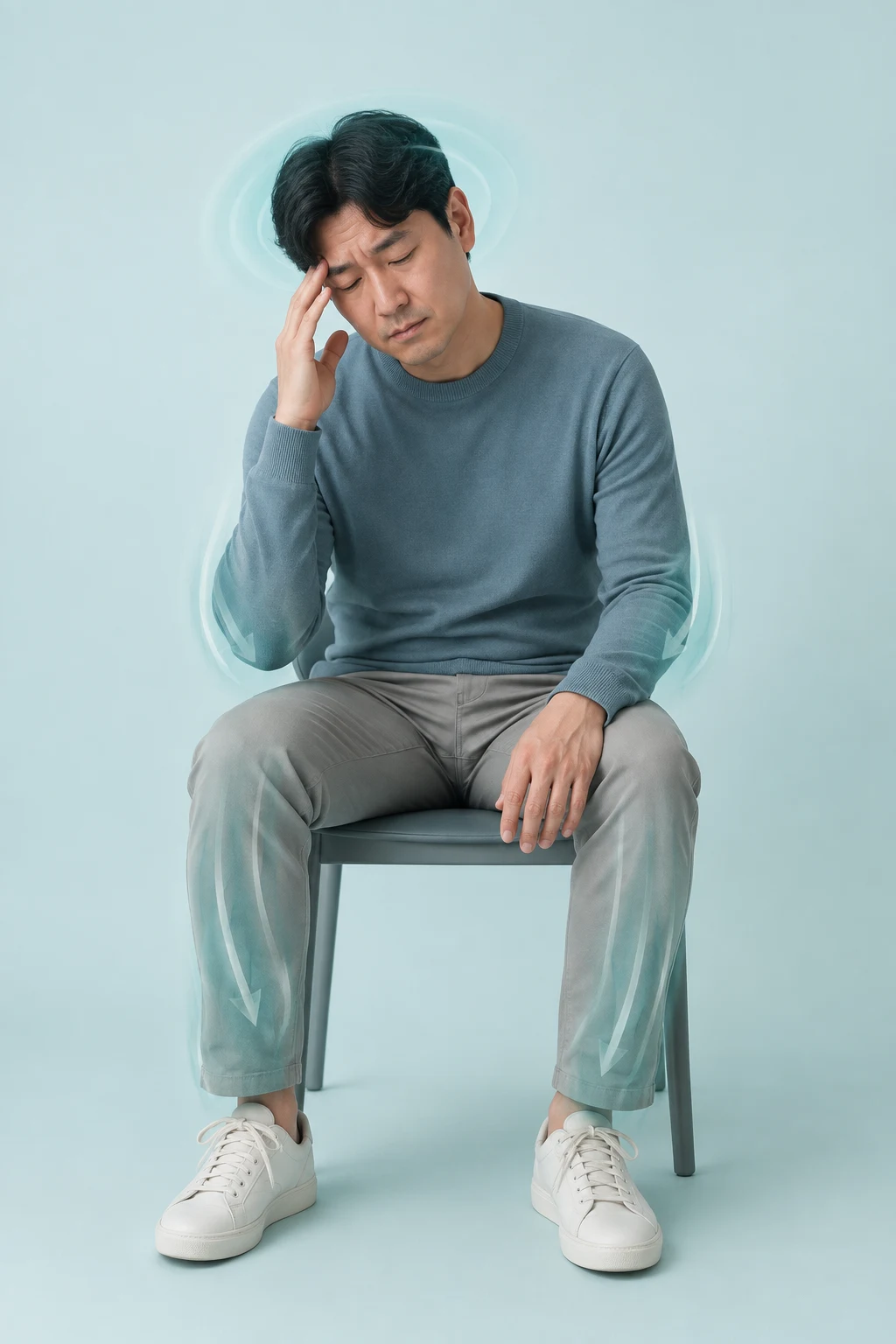 의자에 앉아 심한 피로를 느끼는 남성