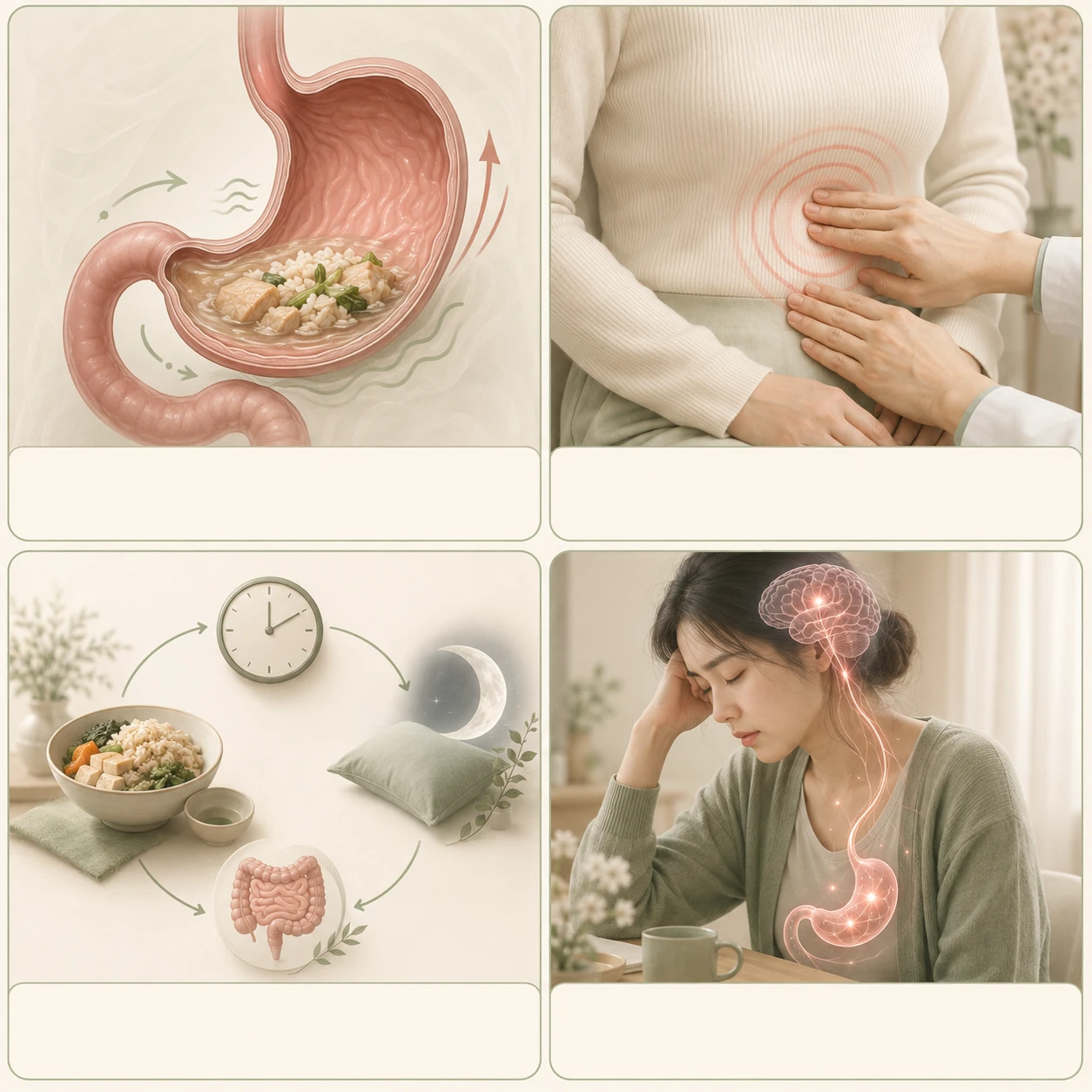 식후 위장 운동과 정체감, 명치와 복부의 긴장·압통, 식사·배변·수면 리듬, 긴장과 피로에 따른 장과 뇌의 상호작용을 나타낸 네 가지 카드