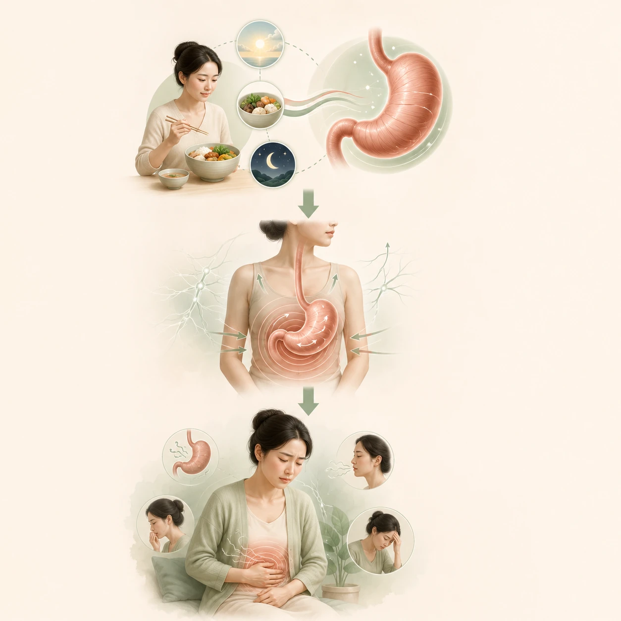 식사와 생활 리듬의 반복 부담, 위장 운동과 감각 및 복부 긴장의 변화가 명치 답답함과 더부룩함, 전신 불편으로 이어지는 흐름