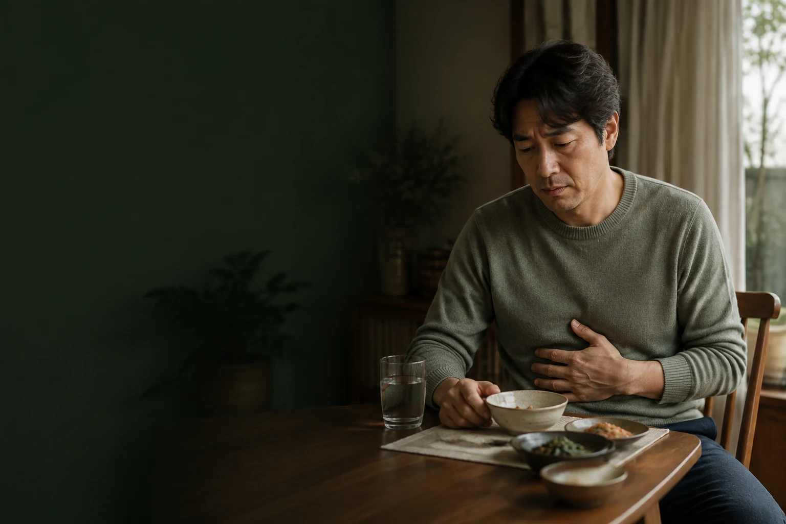 적은 식사 뒤에도 명치와 윗배가 답답해 손으로 누르고 있는 남성