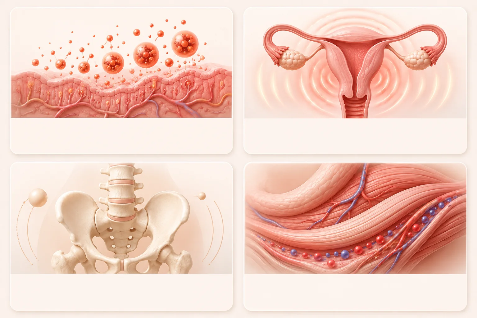 프로스타글란딘 증가 폭, 자궁과 통증의 반응성, 골반과 허리의 움직임 균형, 연관 근육 긴장과 혈류 상태를 나타낸 네 가지 카드