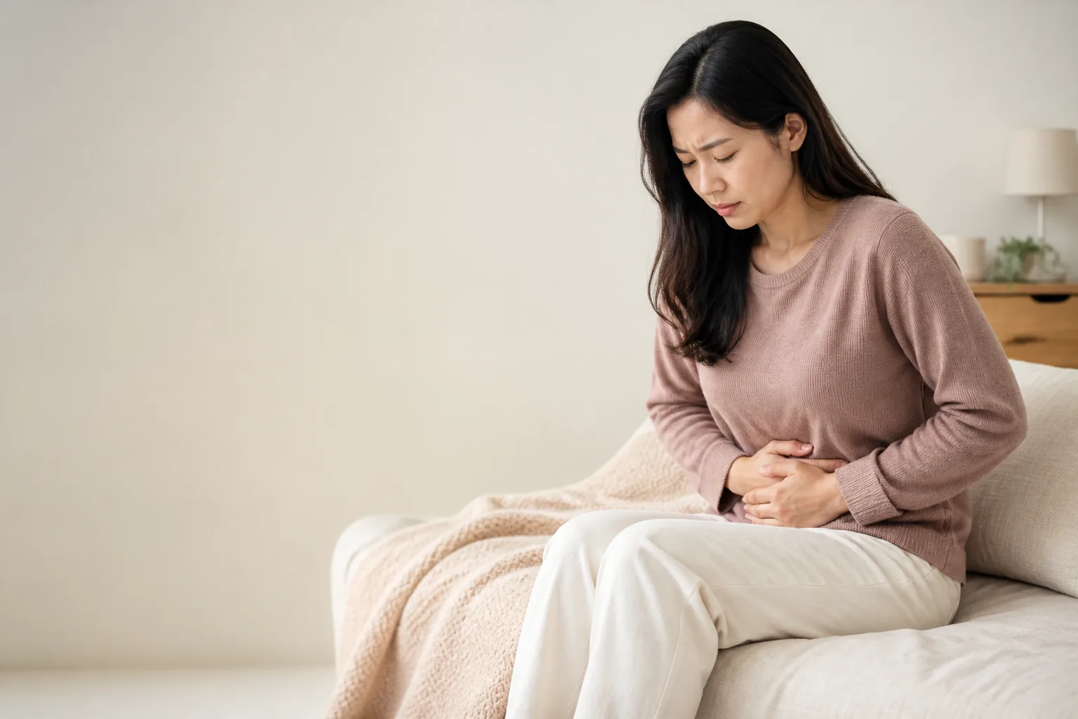 집에서 하복부를 감싸 쥐고 생리통을 견디는 여성