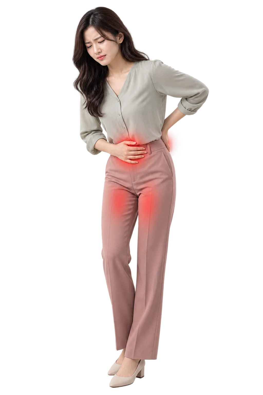 하복부와 허리, 허벅지의 생리통 부위가 표시된 여성