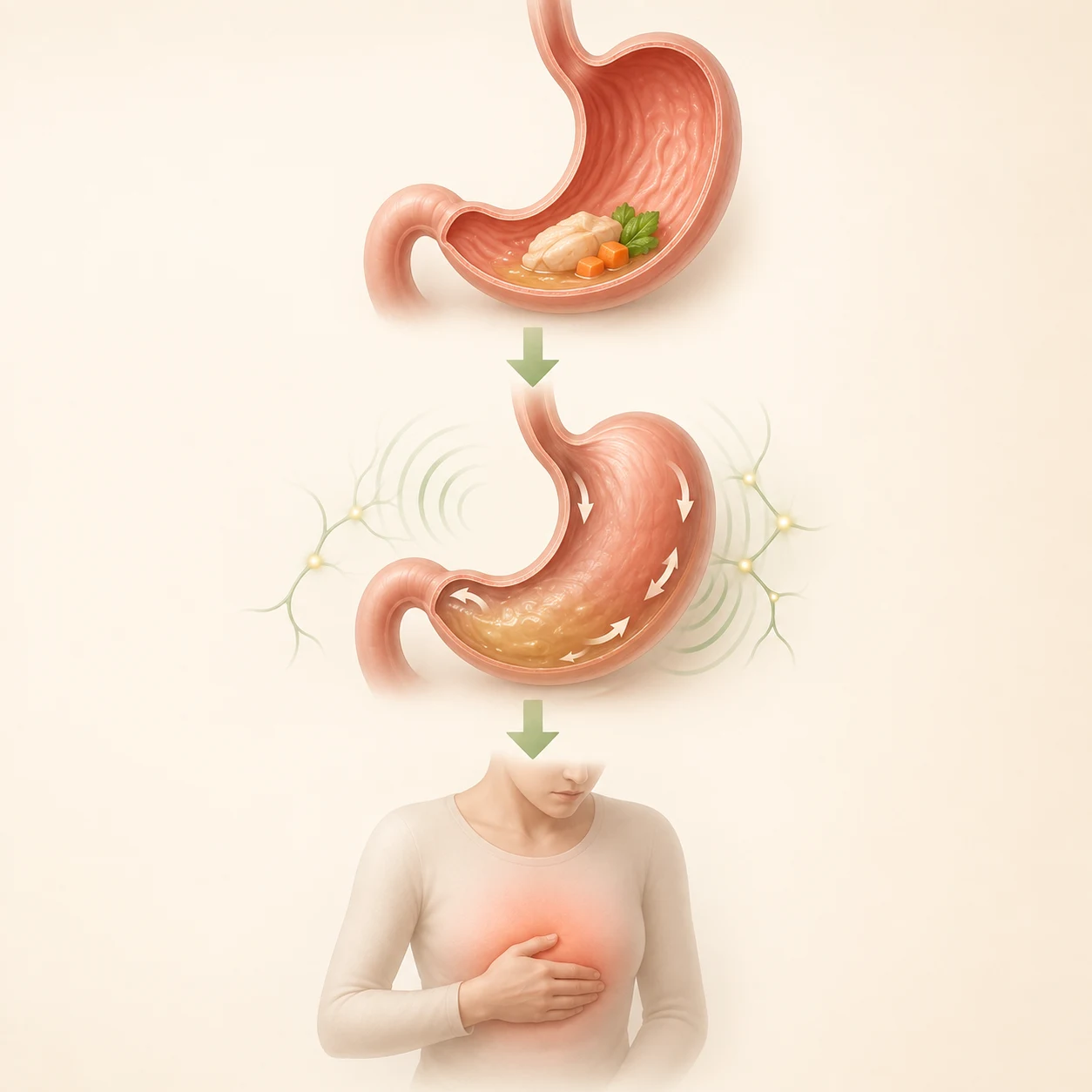 음식이 위로 들어온 뒤 위의 이완과 운동, 감각 반응의 차이가 조기 만복감과 더부룩함, 명치 불편으로 이어지는 흐름