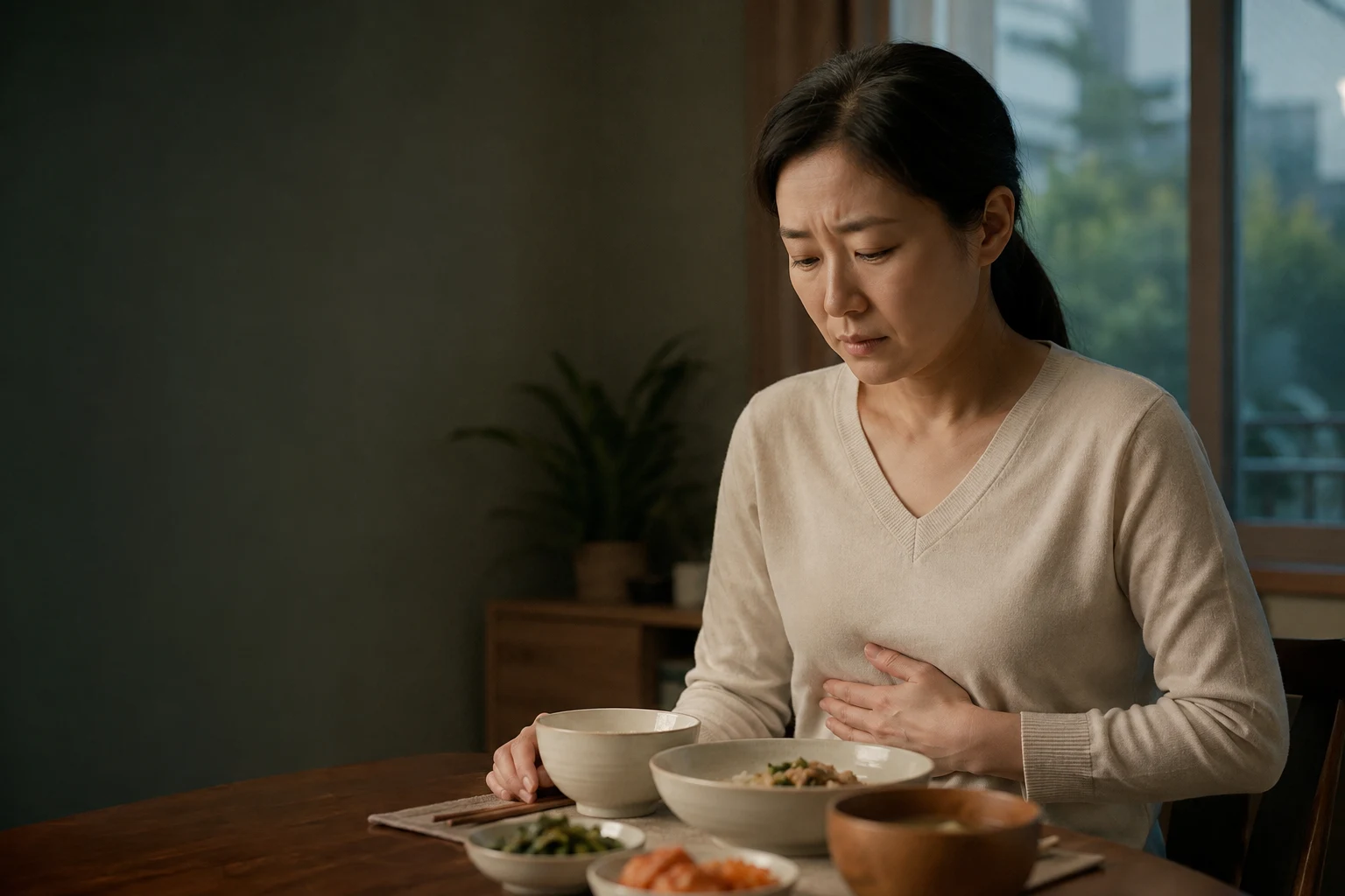 적은 양의 식사 뒤 명치와 윗배의 불편감으로 식탁에 앉아 있는 여성