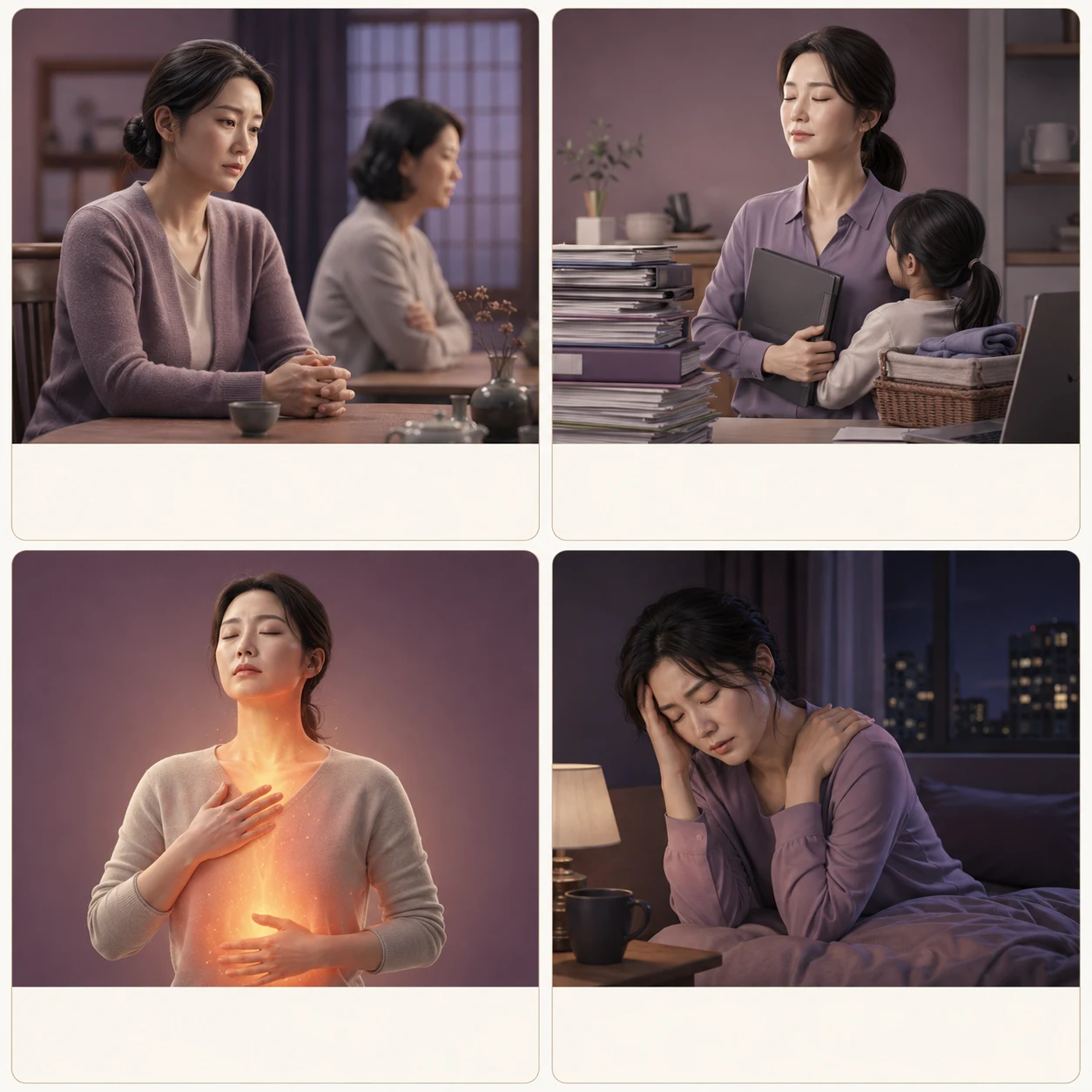 풀리지 않은 갈등과 억울함, 감정을 누르는 상황, 치밀어 오르는 열감, 수면과 피로의 부담을 보여주는 네 가지 장면