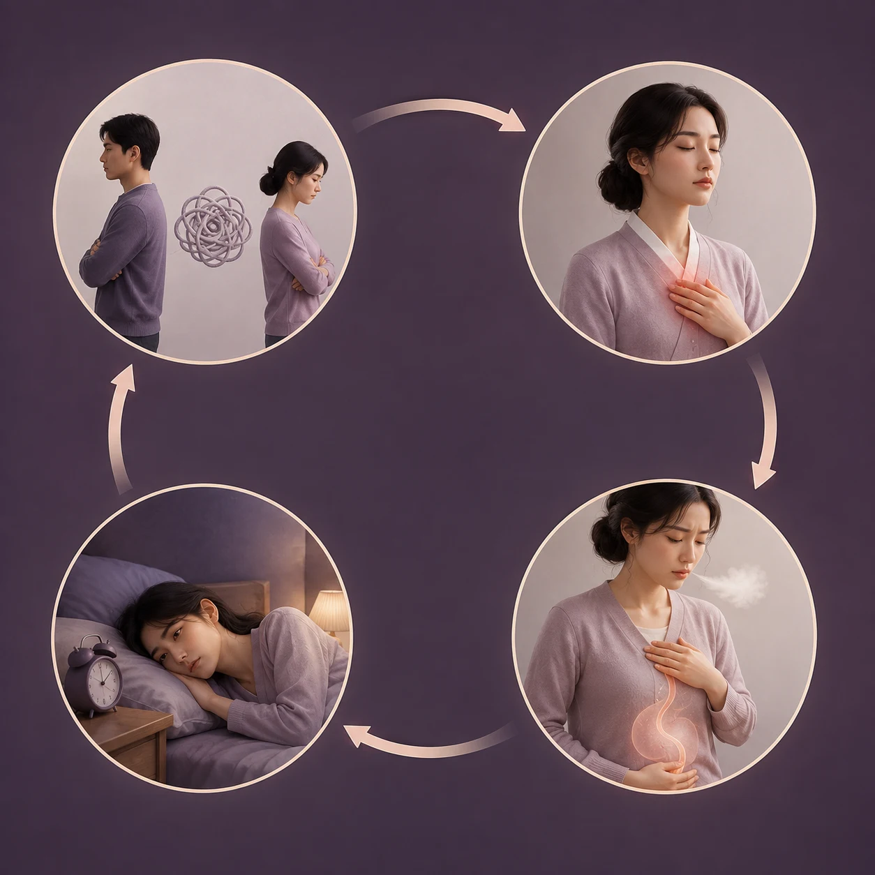 반복되는 갈등과 억울함, 억눌린 감정, 열감과 답답함, 불면과 피로가 서로 이어질 수 있는 흐름을 설명한 개념도