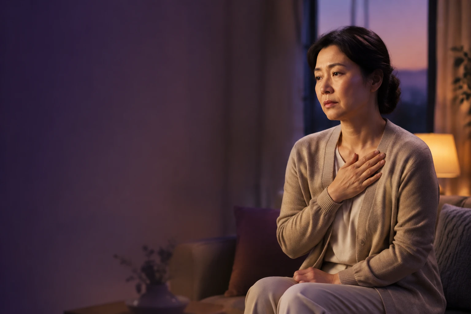 오래 참아온 감정과 가슴 답답함으로 가슴에 손을 얹은 여성