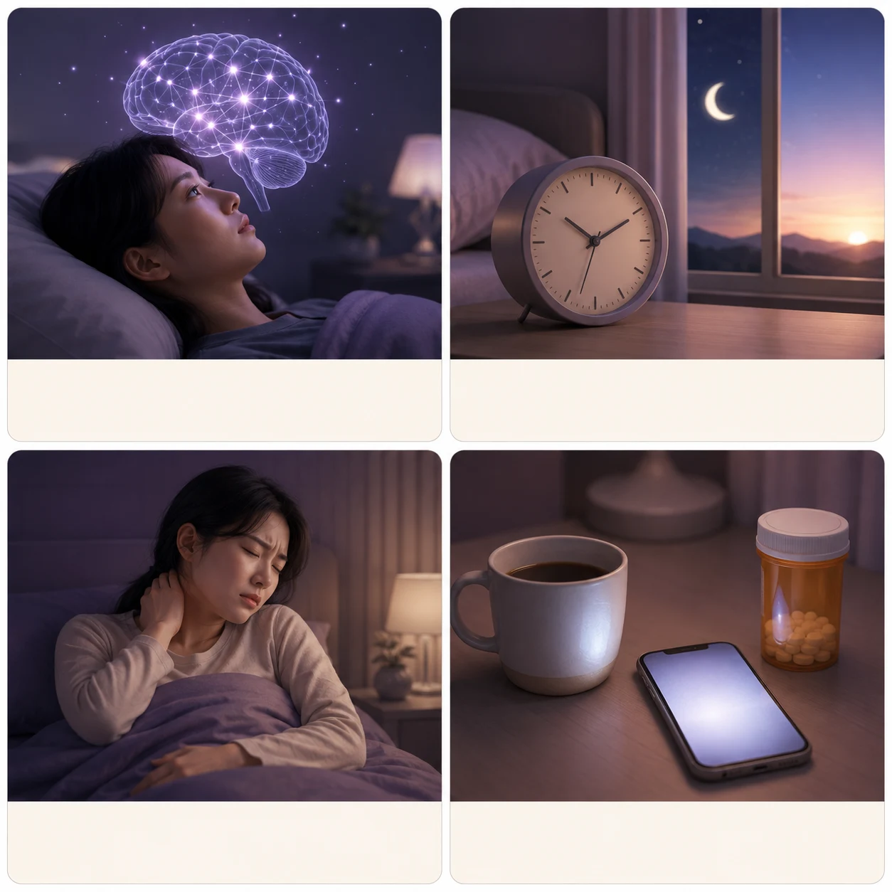 밤의 각성, 수면 리듬, 통증과 긴장, 빛과 카페인 및 복용약의 영향을 보여주는 네 가지 장면