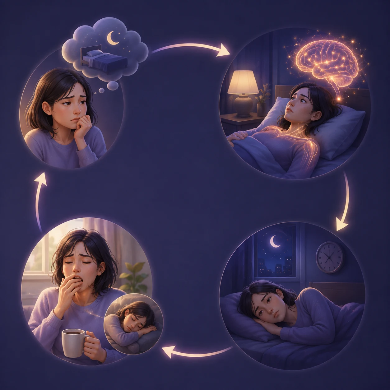 잠에 대한 걱정과 긴장, 각성, 뒤척임, 낮 피로와 보상 행동이 다시 불면을 키울 수 있는 순환을 설명한 개념도