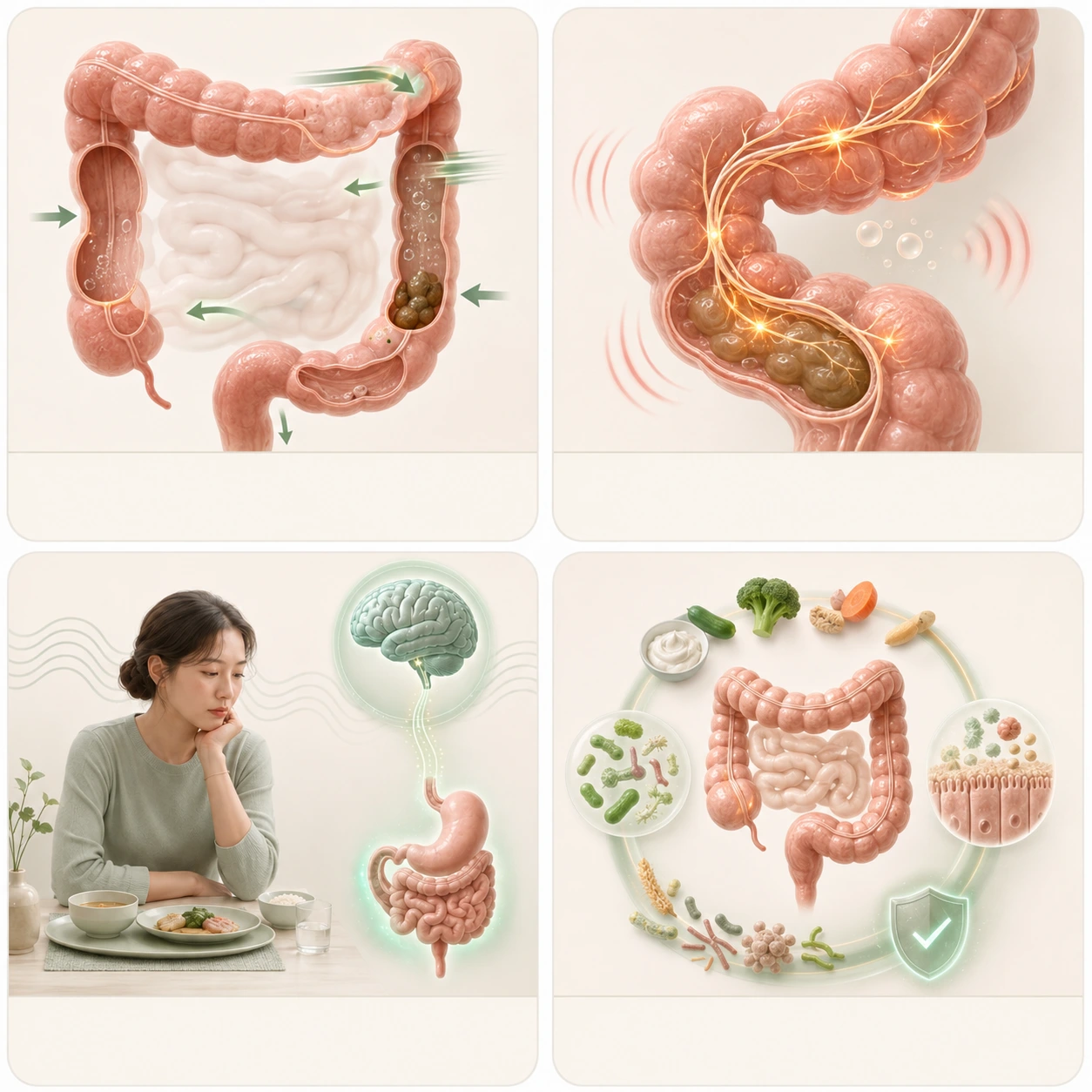 장의 운동 속도와 리듬, 장의 감각 민감도, 긴장과 수면에 따른 장과 뇌의 상호작용, 감염 후 변화와 음식 민감성을 나타낸 네 가지 카드