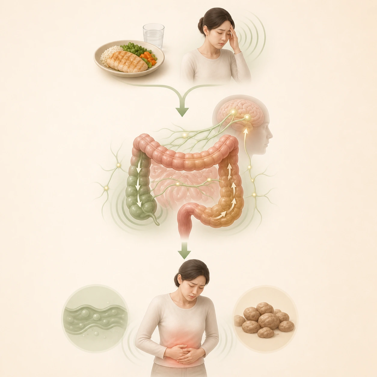 식사와 긴장 뒤 장과 뇌의 신호, 장의 운동과 감각 반응 변화가 복통·팽만과 설사·변비로 이어지는 흐름