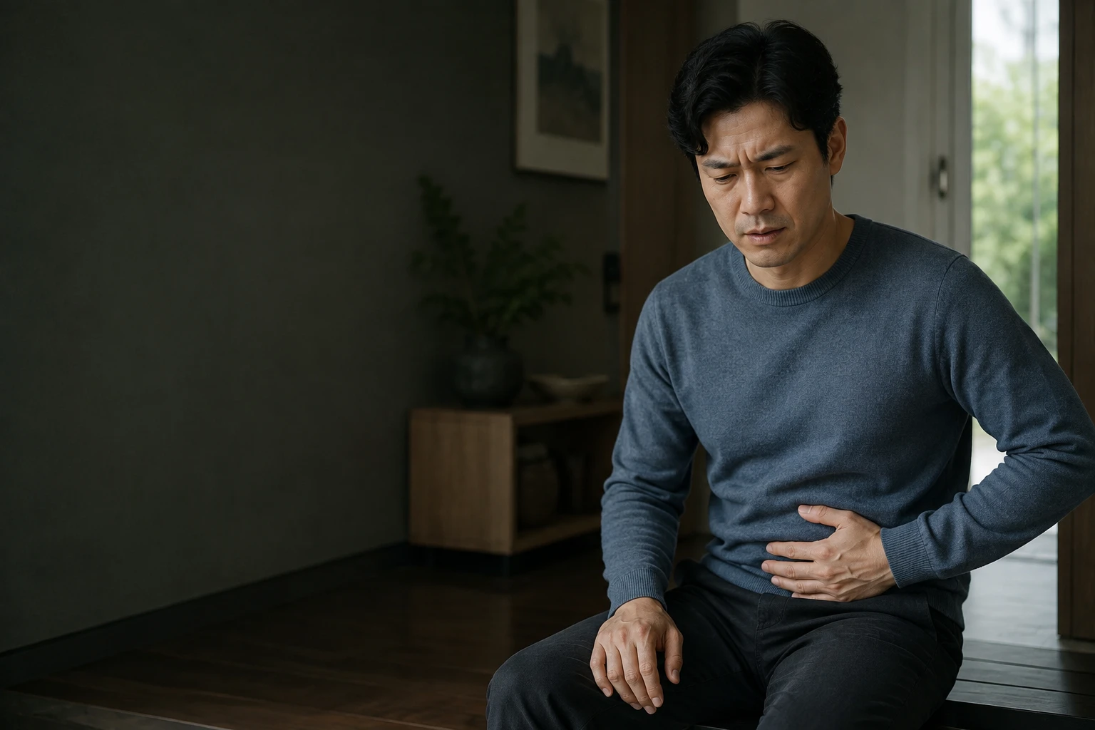반복되는 복통으로 아랫배를 감싸고 앉아 있는 남성