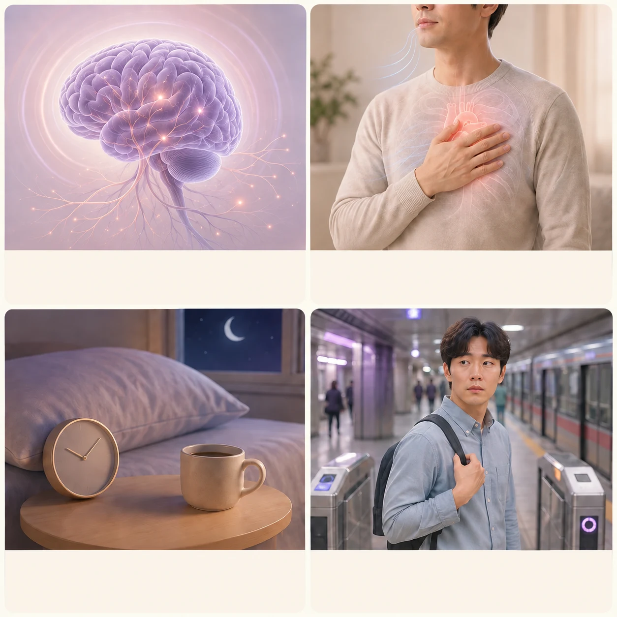 경보 반응의 민감도, 심박과 호흡 감각, 수면과 카페인, 과거 경험과 예기불안을 보여주는 네 가지 장면