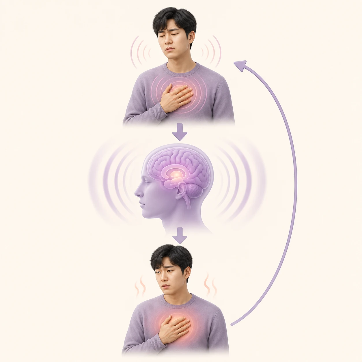 몸의 감각을 위험으로 받아들일 때 두려움과 신체 반응이 서로 커질 수 있는 공황의 순환을 설명한 개념도
