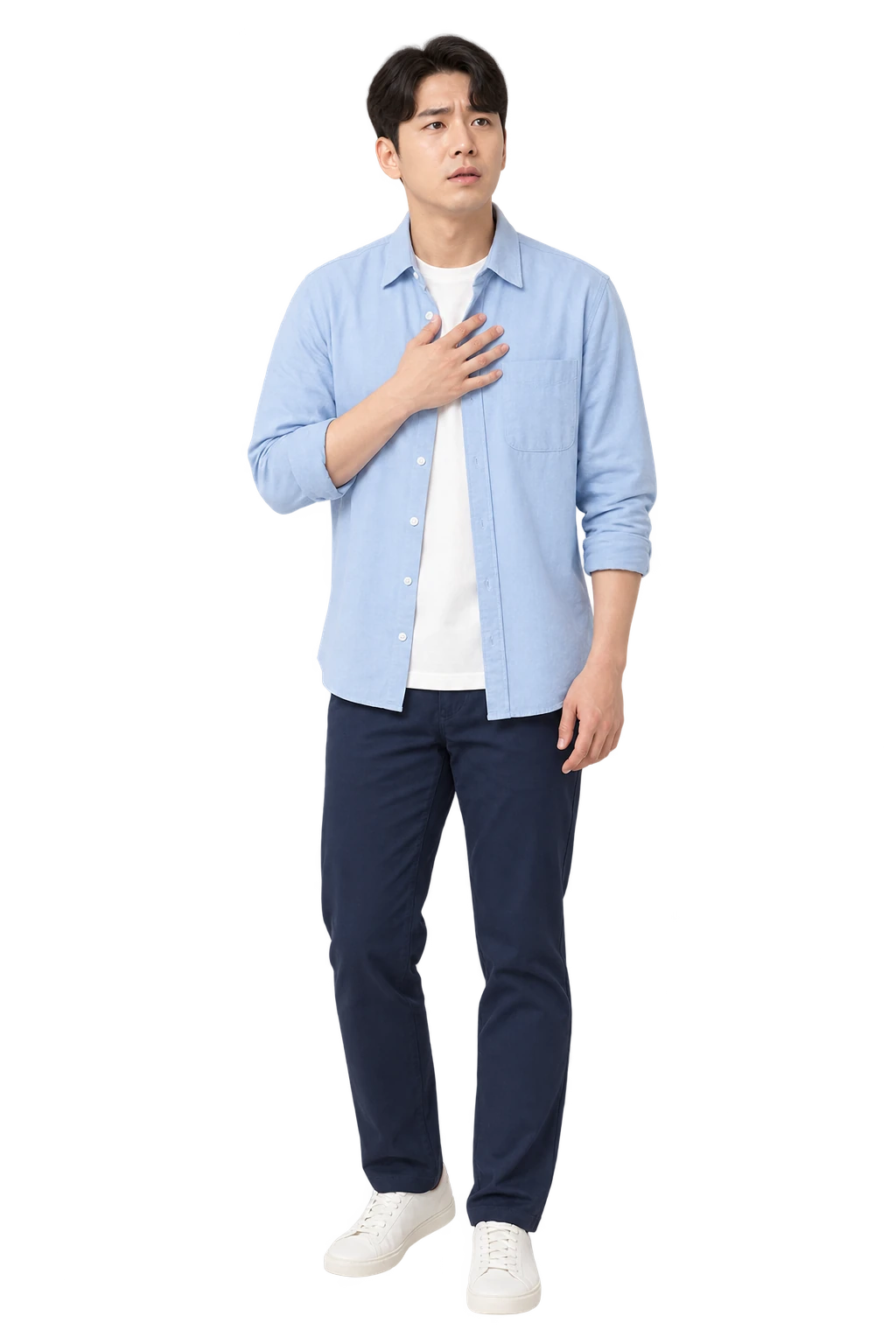 가슴 두근거림과 불안감을 느끼며 가슴에 손을 얹고 서 있는 남성