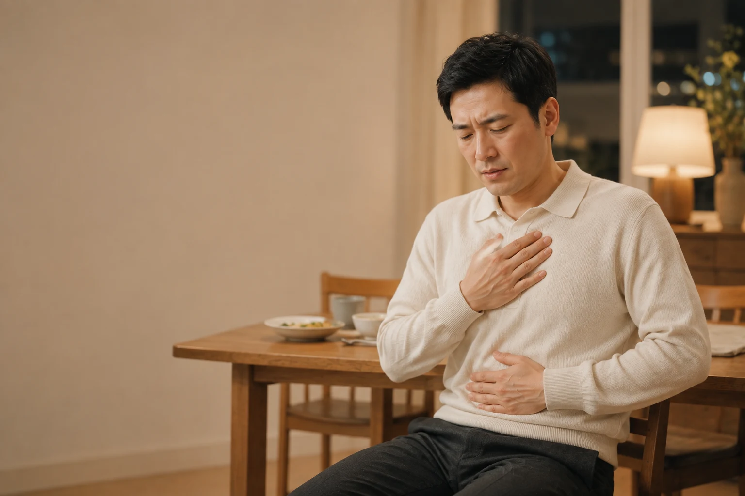 늦은 식사 뒤 가슴과 명치의 불편감으로 식탁 곁에 앉아 있는 남성